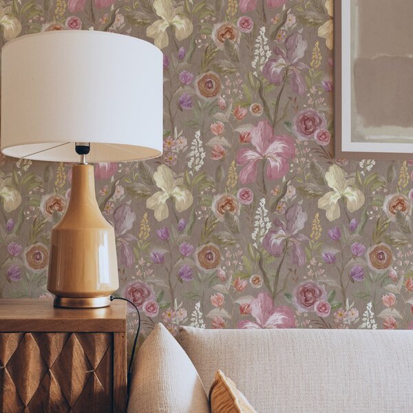 Tapet Vintage roz iris model de flori pe fundal texturat bej, Tapet flori, a00457 : Uwalls.ro