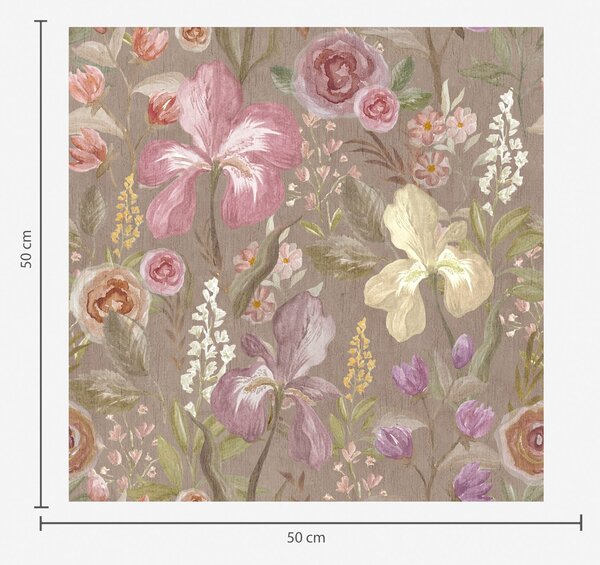 Tapet Vintage roz iris model de flori pe fundal texturat bej, Tapet flori, a00457 : Uwalls.ro
