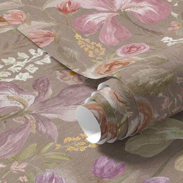 Tapet Vintage roz iris model de flori pe fundal texturat bej, Tapet flori, a00457 : Uwalls.ro