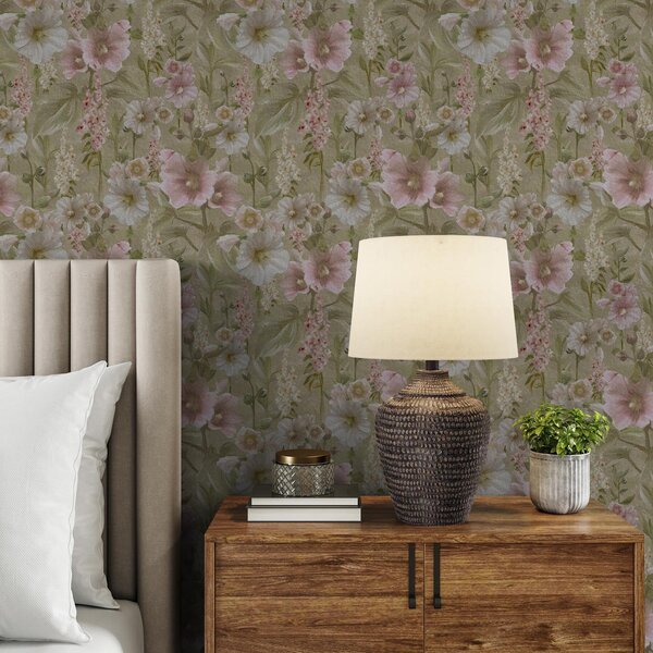 Tapet Hollyhocks roz și alb romantice pe verde mut, Tapet flori, a00456 : Uwalls.ro