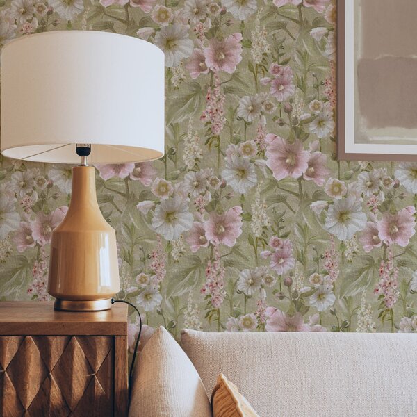 Tapet Hollyhocks roz și alb romantice pe verde mut, Tapet flori, a00456 : Uwalls.ro