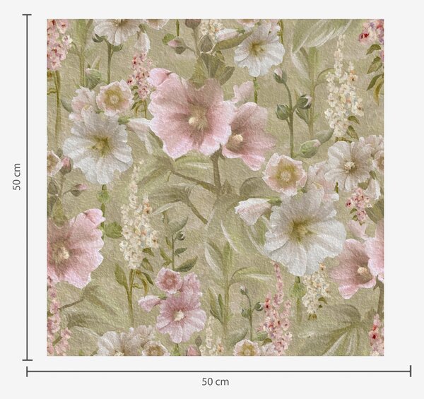 Tapet Hollyhocks roz și alb romantice pe verde mut, Tapet flori, a00456 : Uwalls.ro
