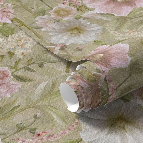 Tapet Hollyhocks roz și alb romantice pe verde mut, Tapet flori, a00456 : Uwalls.ro