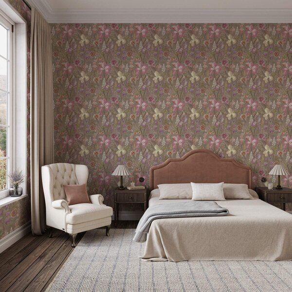 Tapet Vintage roz iris model de flori pe fundal texturat bej, Tapet flori, a00457 : Uwalls.ro