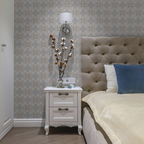 Tapet Modele simetrice de frunze gri-albastru, Tapet flori, a00467 : Uwalls.ro