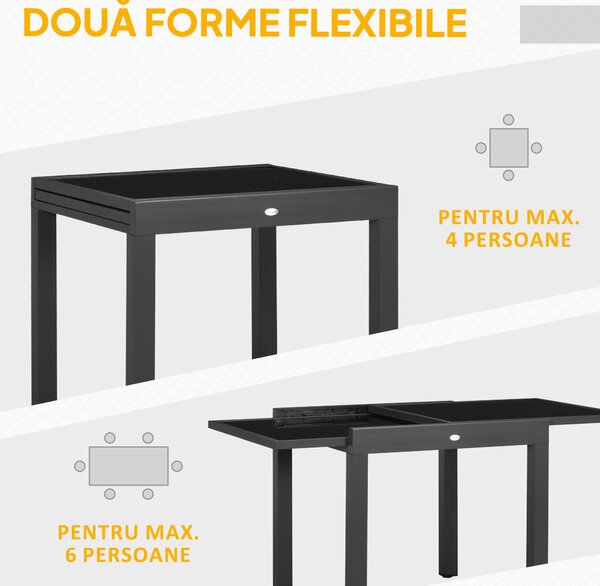 Outsunny Masă de Grădină Extensibilă cu Blat din Sticlă 80-160x80x75 cm Negru | Aosom Romania