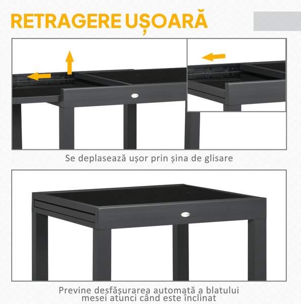 Outsunny Masă de Grădină Extensibilă cu Blat din Sticlă 80-160x80x75 cm Negru | Aosom Romania