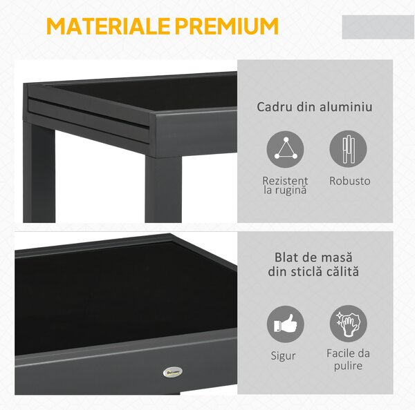 Outsunny Masă de Grădină Extensibilă cu Blat din Sticlă 80-160x80x75 cm Negru | Aosom Romania