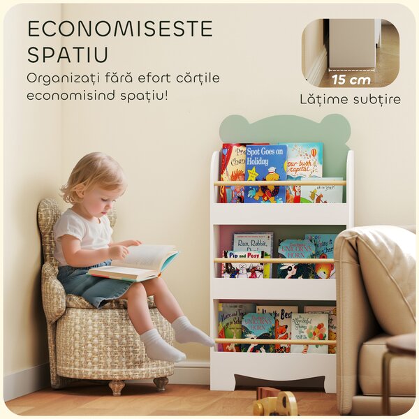 AIYAPLAY Bibliotecă Copii 3 Rafturi în Formă de Ursuleț 55x15x110 cm, Verde | Aosom Romania