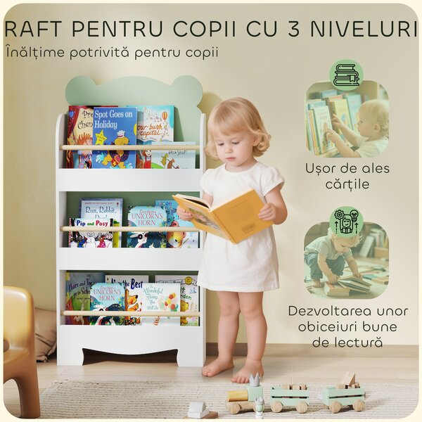 AIYAPLAY Bibliotecă Copii 3 Rafturi în Formă de Ursuleț 55x15x110 cm, Verde | Aosom Romania