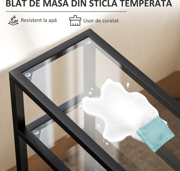 HOMCOM Măsuță de Cafea cu 3 Rafturi din Sticlă și Oțel 40x18x62 cm Negru | Aosom Romania