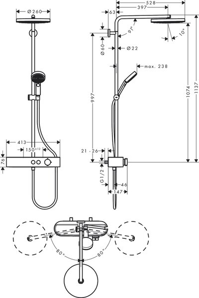 Hansgrohe Pulsify set de duș perete cu termostat cu duș de ploaie crom 24221000