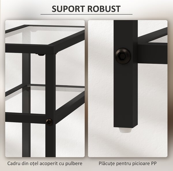 HOMCOM Măsuță de Cafea cu 3 Rafturi din Sticlă și Oțel 40x18x62 cm Negru | Aosom Romania