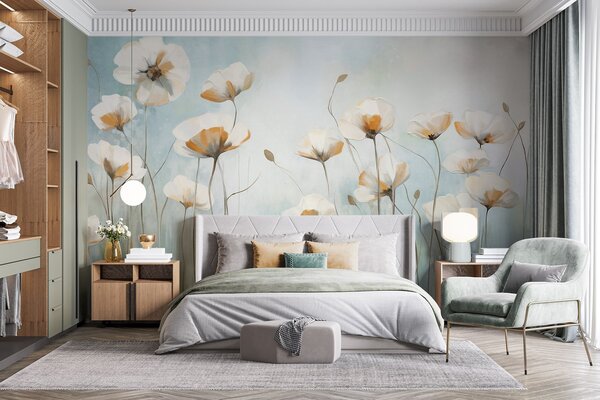 Tapet Mac alb texturat pe tulpini lungi, fundal albastru deschis și verde, tușe moi, aranjament floral delicat, Fototapet Flori, w09317 : Uwalls.ro