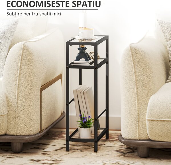 HOMCOM Măsuță de Cafea cu 3 Rafturi din Sticlă și Oțel 40x18x62 cm Negru | Aosom Romania