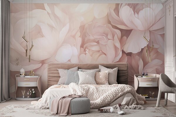 Tapet Bujori roz pastel deschis, cu petale delicate, moi, texturate, aranjate strâns împreună, creând o artă, Fototapet Flori, w09319 : Uwalls.ro