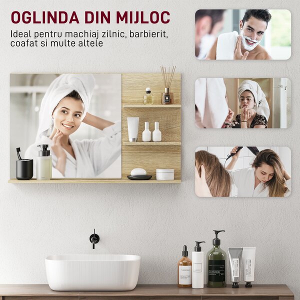 Kleankin Oglindă de Baie cu 2 Rafturi Laterale și Raft Inferior, Culoare Lemn | Aosom Romania