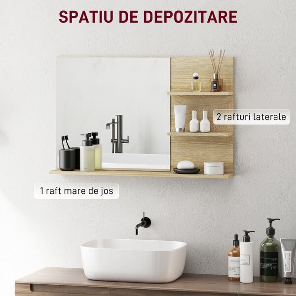 Kleankin Oglindă de Baie cu 2 Rafturi Laterale și Raft Inferior, Culoare Lemn | Aosom Romania
