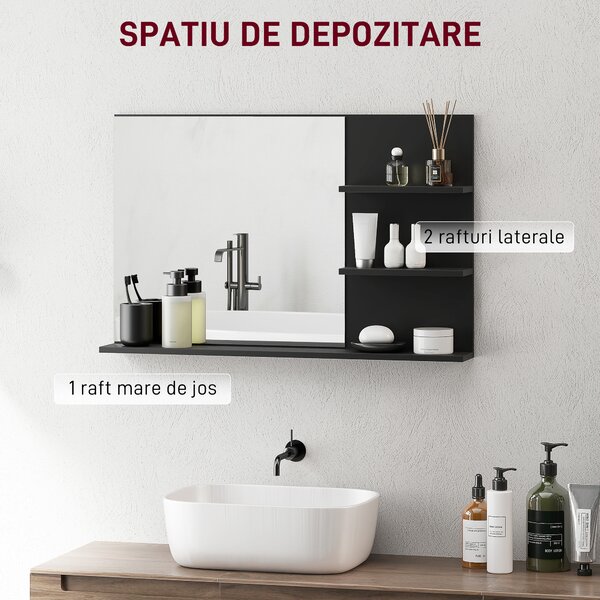 Kleankin Oglindă de Baie cu 2 Rafturi Laterale și Raft Inferior Negru | Aosom Romania