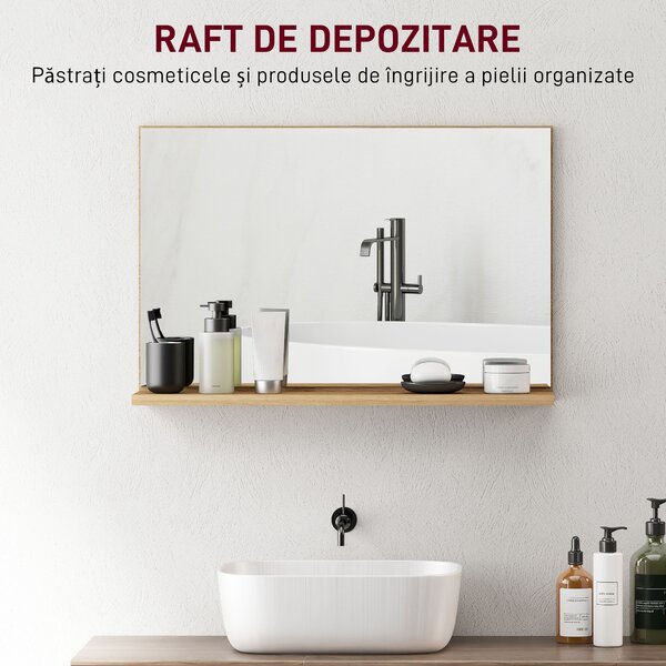 Kleankin Oglindă de Baie Modernă cu Poliță 60x12x40 cm, Lemn | Aosom Romania