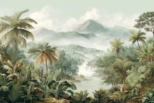 Tapet junglă tropicală cu cascadă, Fototapet Natură, w04306 : Uwalls.ro