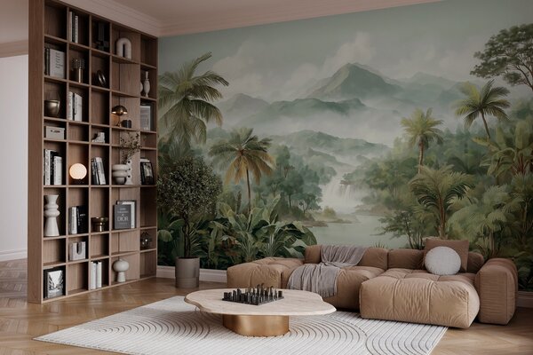 Tapet junglă tropicală cu cascadă, Fototapet Natură, w04306 : Uwalls.ro
