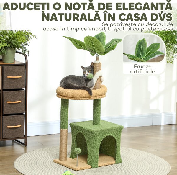 PawHut Ansamblu de Joacă pentru Pisici cu Căsuță, 2 Jucării cu Bilă și Pat Verde și Maro | Aosom Romania
