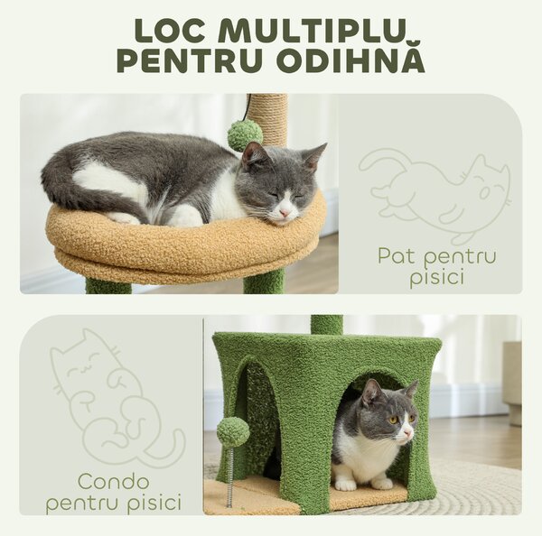 PawHut Ansamblu de Joacă pentru Pisici cu Căsuță, 2 Jucării cu Bilă și Pat Verde și Maro | Aosom Romania