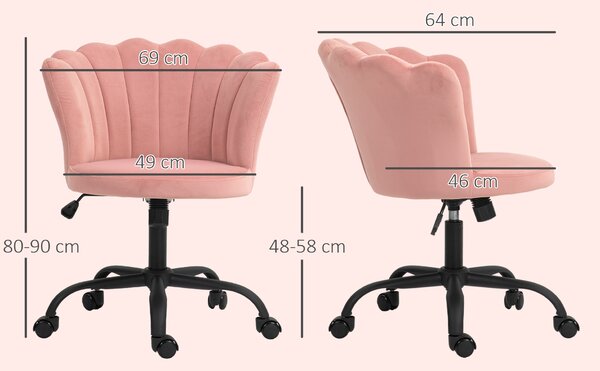 HOMCOM Scaun de Birou cu Spătar în Formă de Petală cu Înălțime Reglabilă, Rotile și Șezut Rotativ, 69x64x80-90 cm, Roz | Aosom Romania