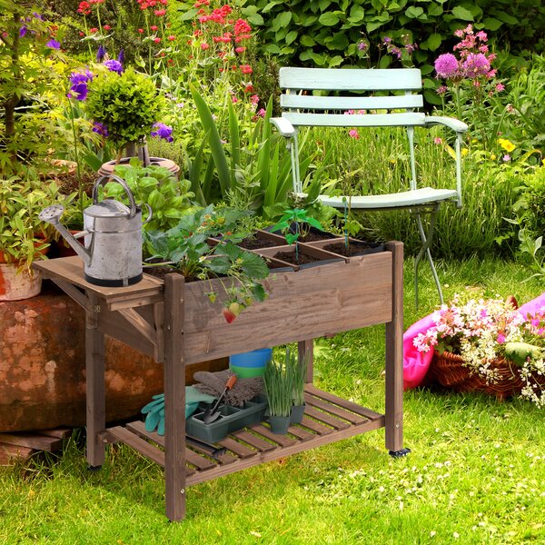 Outsunny Raised Garden Bed Planter Box w/ 8 Grow Grids, Storage Shelf & Lockable Wheels | Aosom Romania