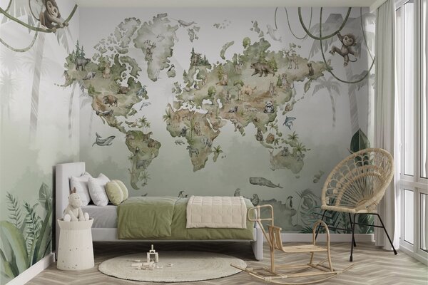 Tapet Hartă ilustrată a lumii cu animale și jungle, Fototapet Harta lumii, w04418v1 : Uwalls.ro