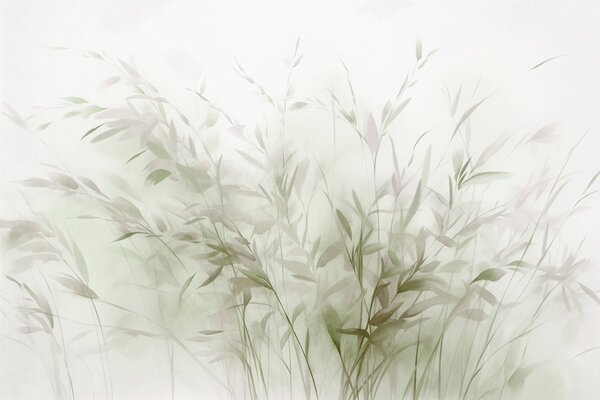 Tapet Iarbă și buruieni cu frunze și tulpini subțiri, culori verde deschis și maro, tușe moi și delicate,, Fototapet Acuarelă, w09342 : Uwalls.ro