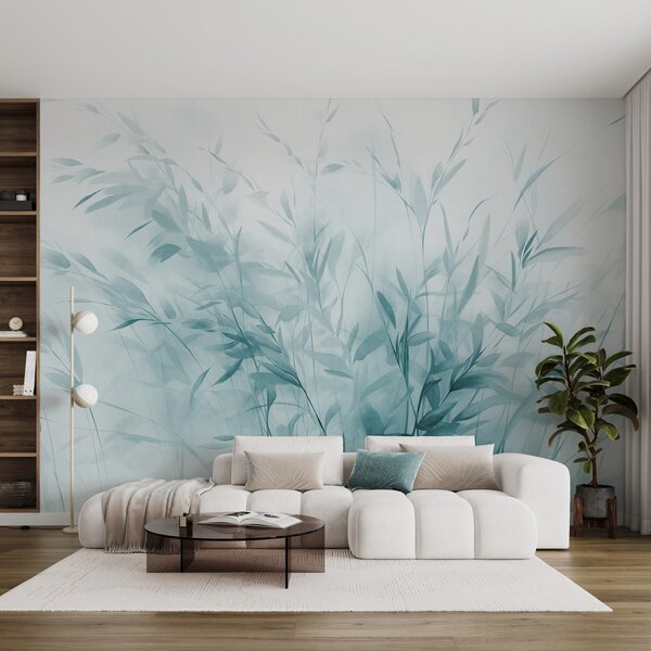 Tapet Iarbă și buruieni cu frunze și tulpini subțiri, culori albastru deschis, tușe moi și delicate, print, Fototapet Acuarelă, w09342v1 : Uwalls.ro