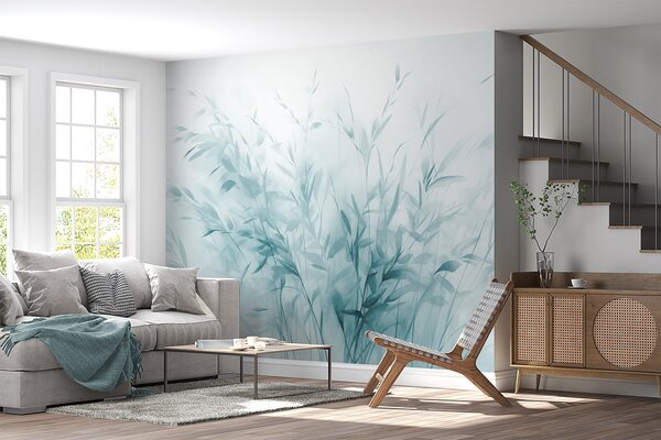 Tapet Iarbă și buruieni cu frunze și tulpini subțiri, culori albastru deschis, tușe moi și delicate, print, Fototapet Acuarelă, w09342v1 : Uwalls.ro