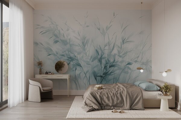 Tapet Iarbă și buruieni cu frunze și tulpini subțiri, culori albastru deschis, tușe moi și delicate, print, Fototapet Acuarelă, w09342v1 : Uwalls.ro