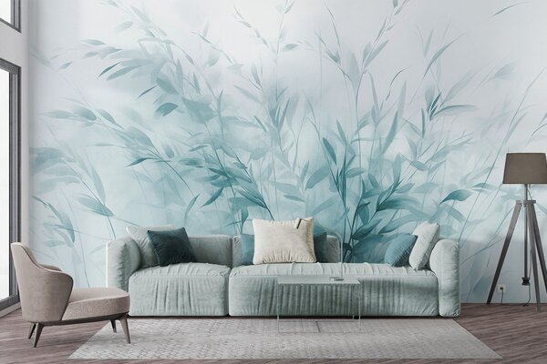 Tapet Iarbă și buruieni cu frunze și tulpini subțiri, culori albastru deschis, tușe moi și delicate, print, Fototapet Acuarelă, w09342v1 : Uwalls.ro