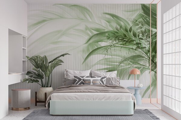 Tapet Palmier tropical frunze verzi cu un fundal cu dungi albe, iluminat moale, tușe, Fototapet Natură, Fototapet Frunze, w09343 : Uwalls.ro