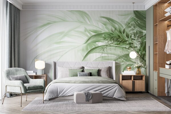 Tapet Palmier tropical frunze verzi cu un fundal cu dungi albe, iluminat moale, tușe, Fototapet Natură, Fototapet Frunze, w09343 : Uwalls.ro