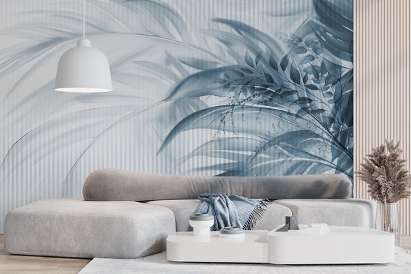 Tapet Palmier tropical frunze albastre cu un fundal alb cu dungi, iluminat moale, tușe, Fototapet Natură, Fototapet Frunze, w09343v1 : Uwalls.ro