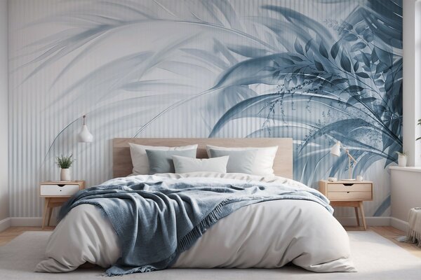 Tapet Palmier tropical frunze albastre cu un fundal alb cu dungi, iluminat moale, tușe, Fototapet Natură, Fototapet Frunze, w09343v1 : Uwalls.ro
