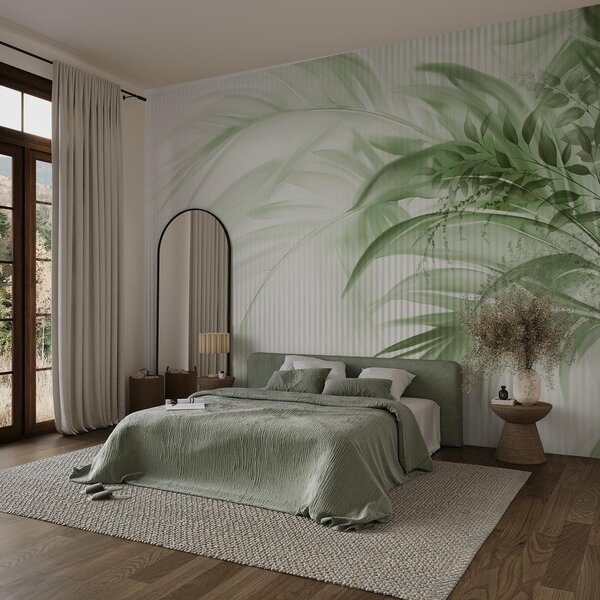 Tapet Palmier tropical frunze verzi cu un fundal cu dungi albe, iluminat moale, tușe, Fototapet Natură, Fototapet Frunze, w09343 : Uwalls.ro