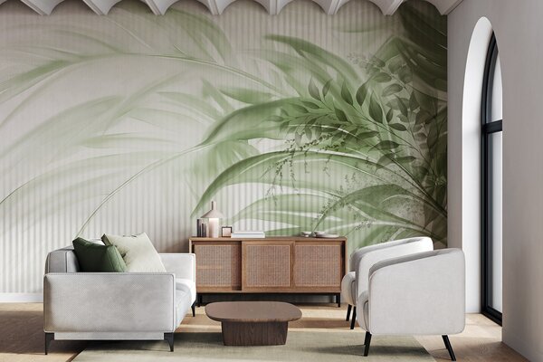 Tapet Palmier tropical frunze verzi cu un fundal cu dungi albe, iluminat moale, tușe, Fototapet Natură, Fototapet Frunze, w09343 : Uwalls.ro