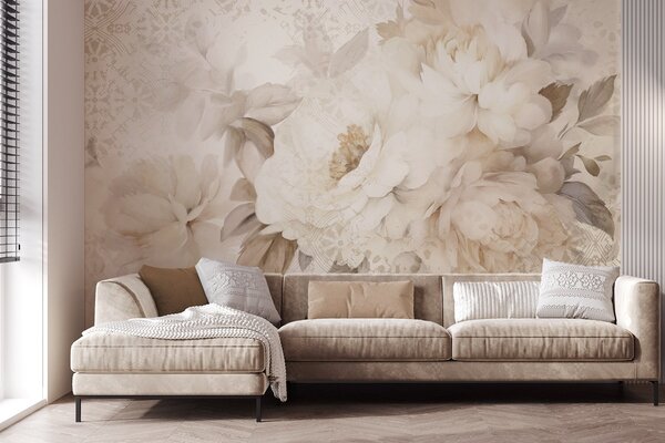 Tapet Un aranjament floral de bujori albi cu frunze bej, pe un fundal decorativ cu o textură vintage, Fototapet Flori, w09345 : Uwalls.ro