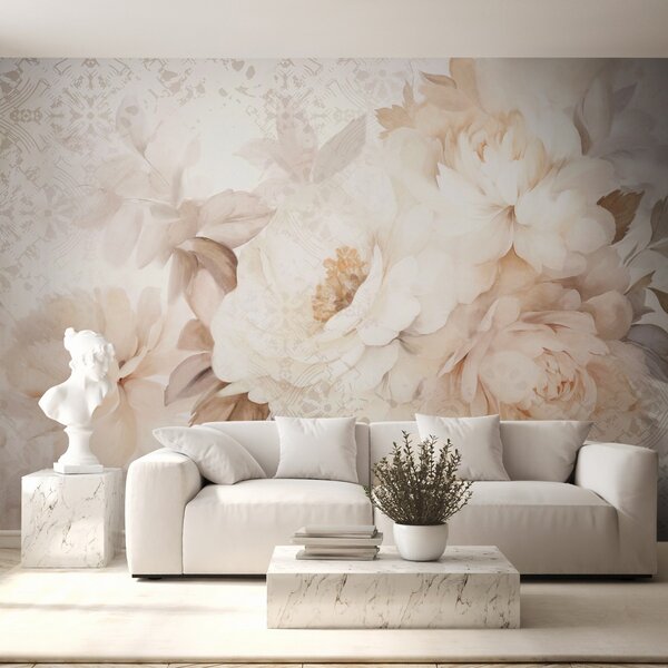 Tapet Un aranjament floral de bujori albi cu frunze bej, pe un fundal decorativ cu o textură vintage, Fototapet Flori, w09345 : Uwalls.ro