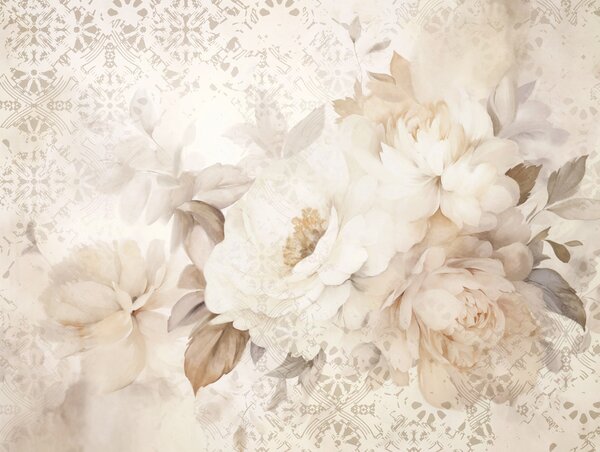 Tapet Un aranjament floral de bujori albi cu frunze bej, pe un fundal decorativ cu o textură vintage, Fototapet Flori, w09345 : Uwalls.ro