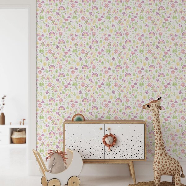 Tapet Desen pentru copii cu curcubee, flori și copaci, Tapet pentru copii, a00296 : Uwalls.ro