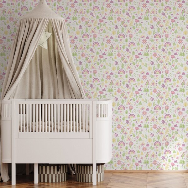 Tapet Desen pentru copii cu curcubee, flori și copaci, Tapet pentru copii, a00296 : Uwalls.ro
