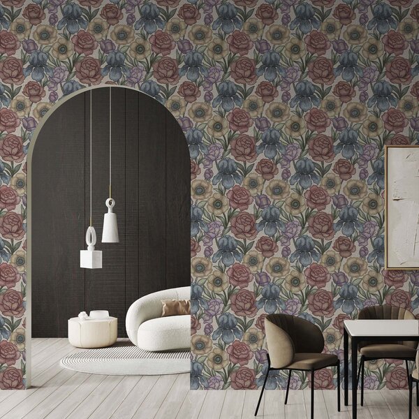 Tapet Ilustrații florale mari cu iriși și bujori, Tapet flori, a00325 : Uwalls.ro