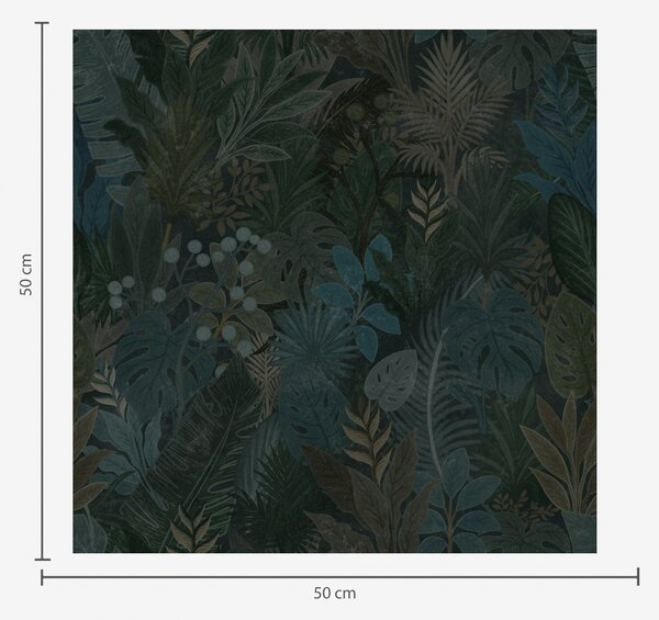 Tapet Frunziș tropical verde închis cu accente albastre, Tapet flori, a00327 : Uwalls.ro