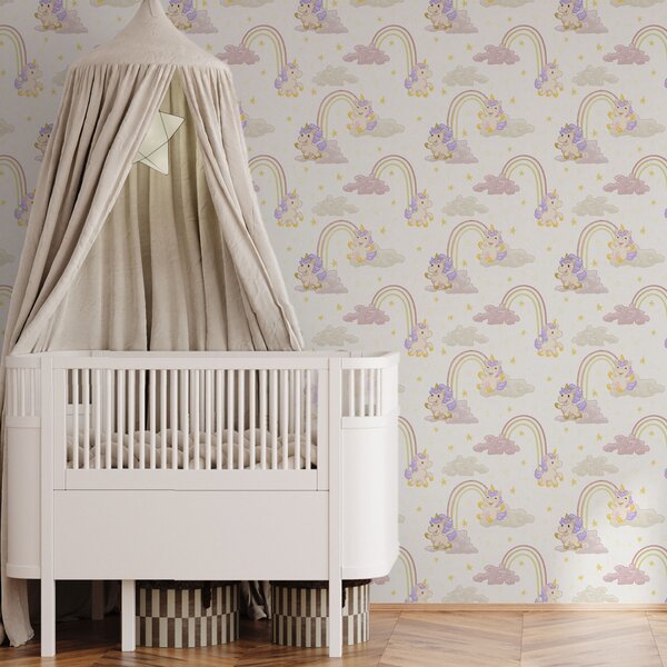 Tapet Unicorn drăguț cu curcubee și stele, Tapet pentru copii, a00339 : Uwalls.ro